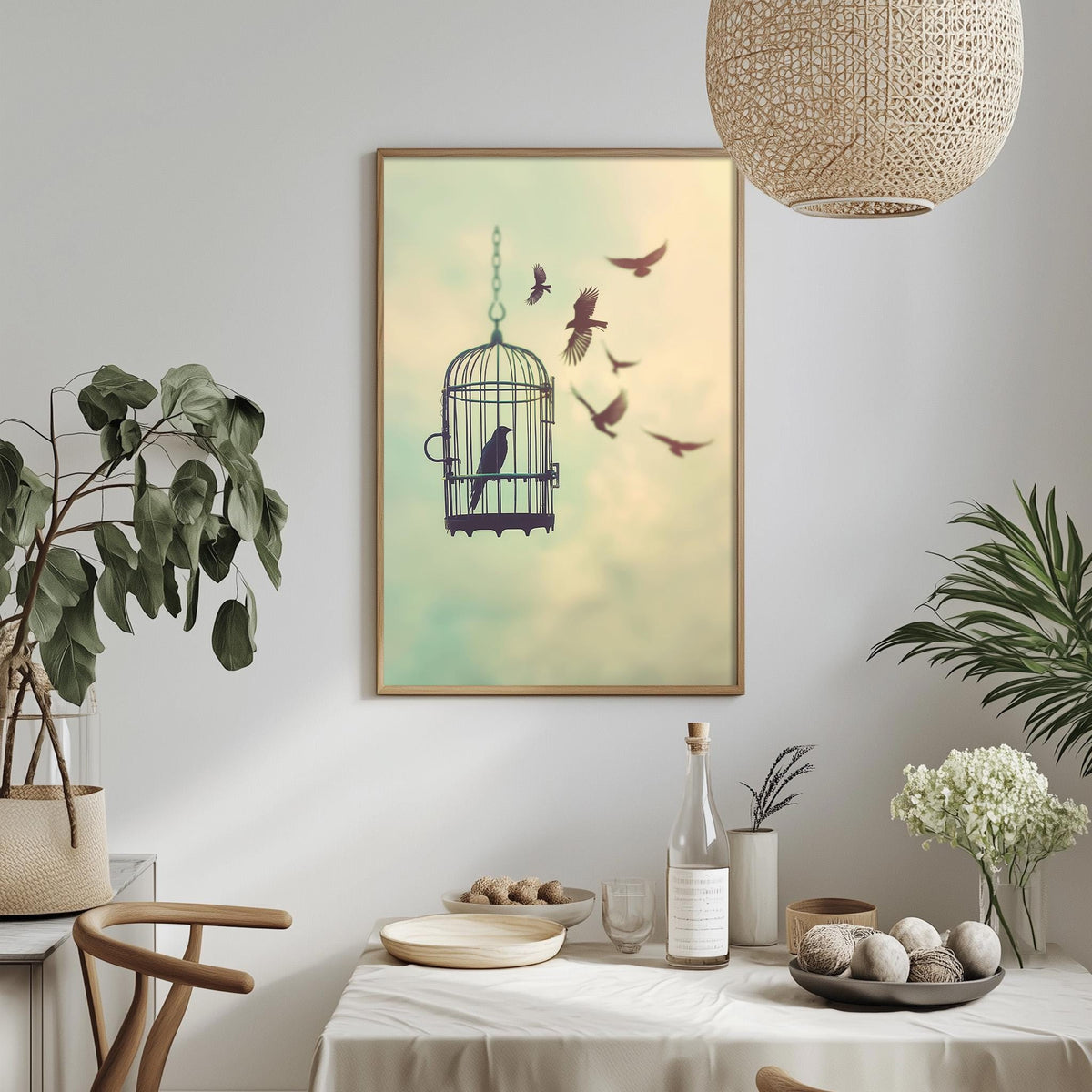 a serene indoor setting with a birdcage containing a bird, a plant, and a bowl of fruit on a table.