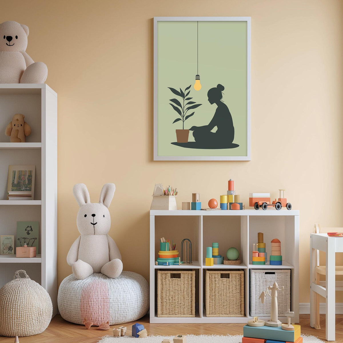 A cozy children's room with a white bookshelf, a plush rabbit, and a toy train set. The room has a warm, inviting atmosphere with a framed picture of a woman sitting on a plant hanging on the wall.
