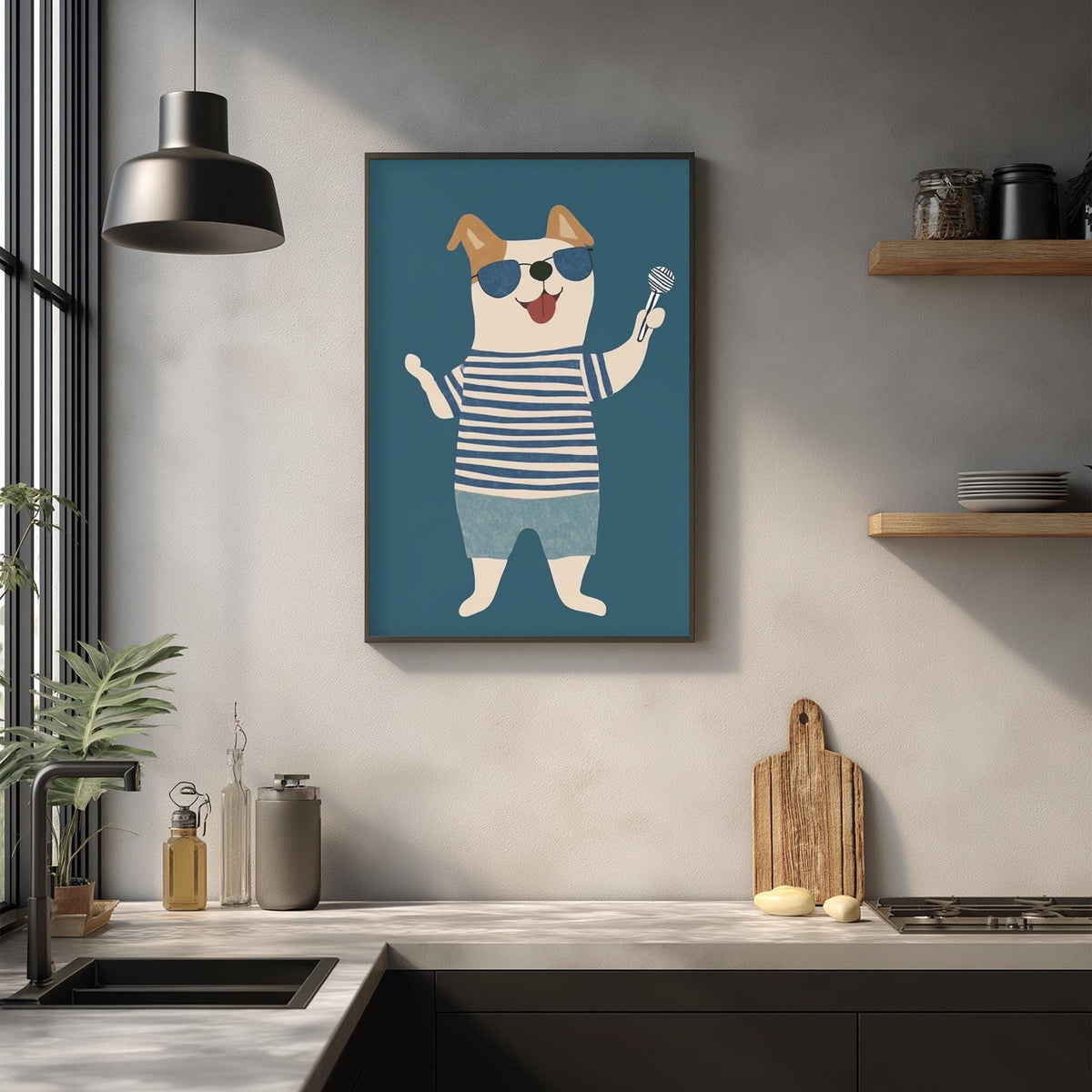 a kitchen counter with various items, including a framed illustration of a dog wearing sunglasses and a striped shirt, a wooden cutting board, and a potted plant.