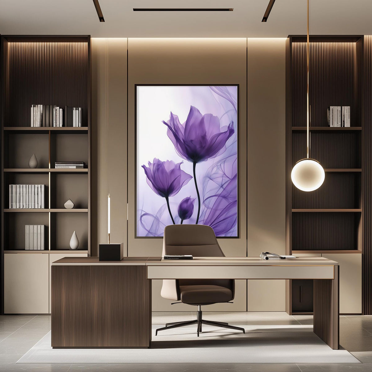 a modern and stylish home office with a large framed purple flower painting on the wall, a wooden desk with a chair, and built-in bookshelves.
