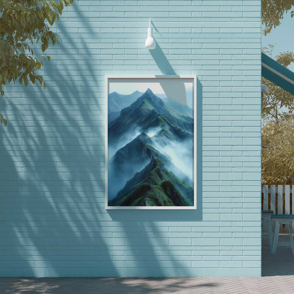 a large framed picture of a mountain landscape with a misty, green-hued mountain peak, hanging on a light blue brick wall.