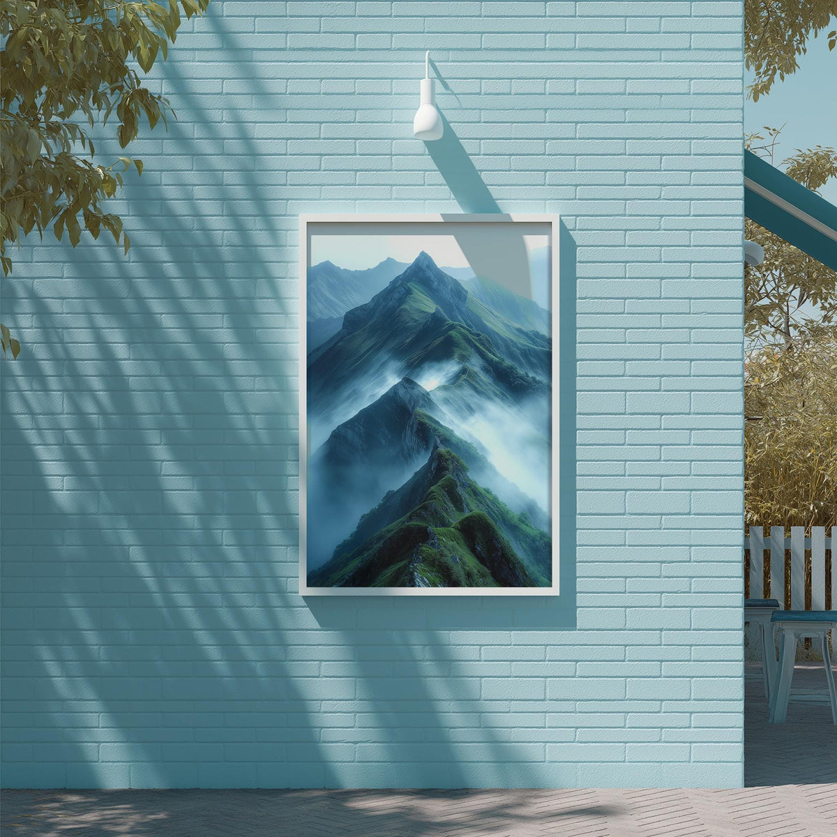 a large framed picture of a mountain landscape with a misty, green-hued mountain peak, hanging on a light blue brick wall.