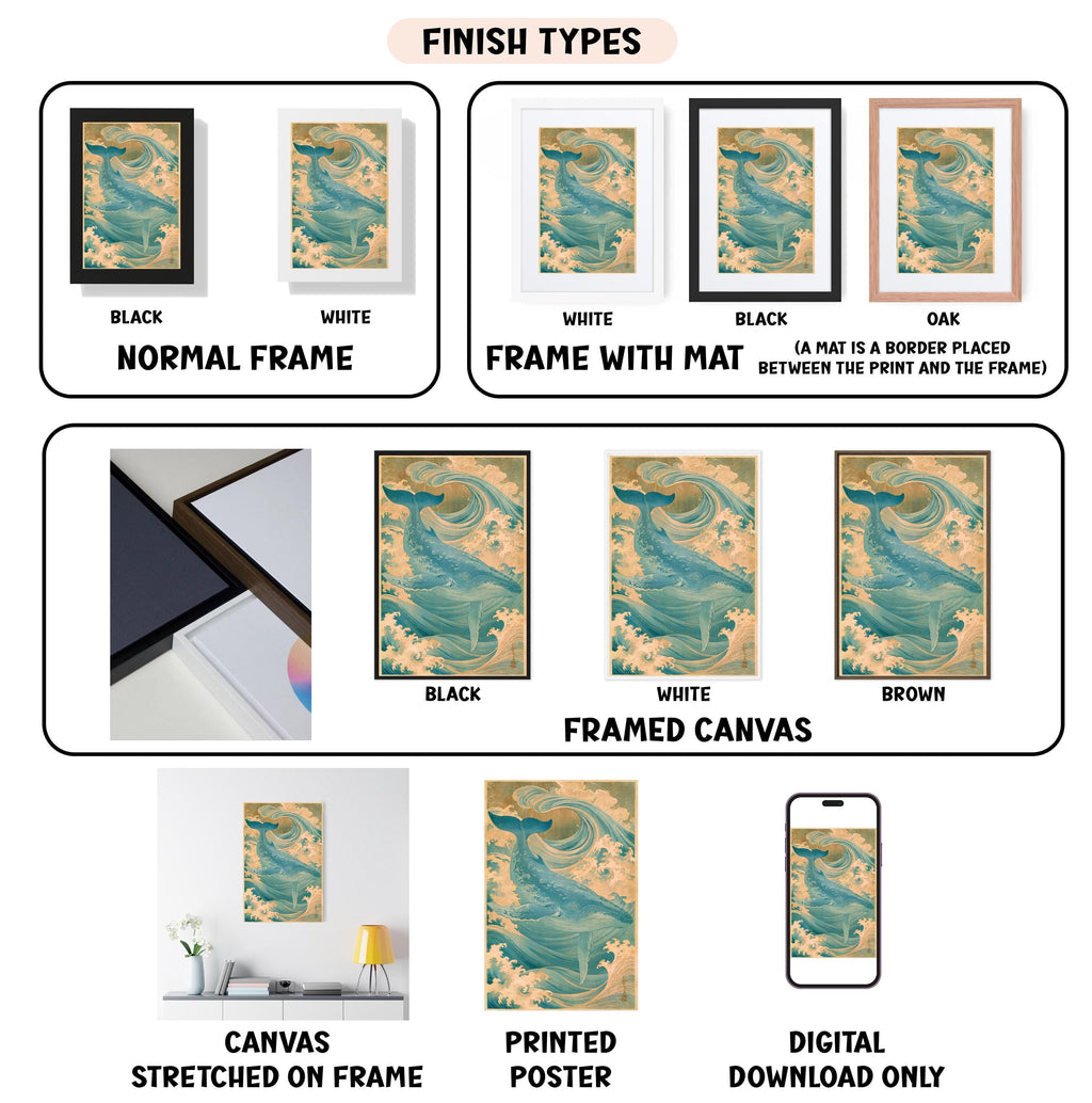 various types of artwork, including framed prints, canvas prints, and digital prints, each with different finishes and mat colors.