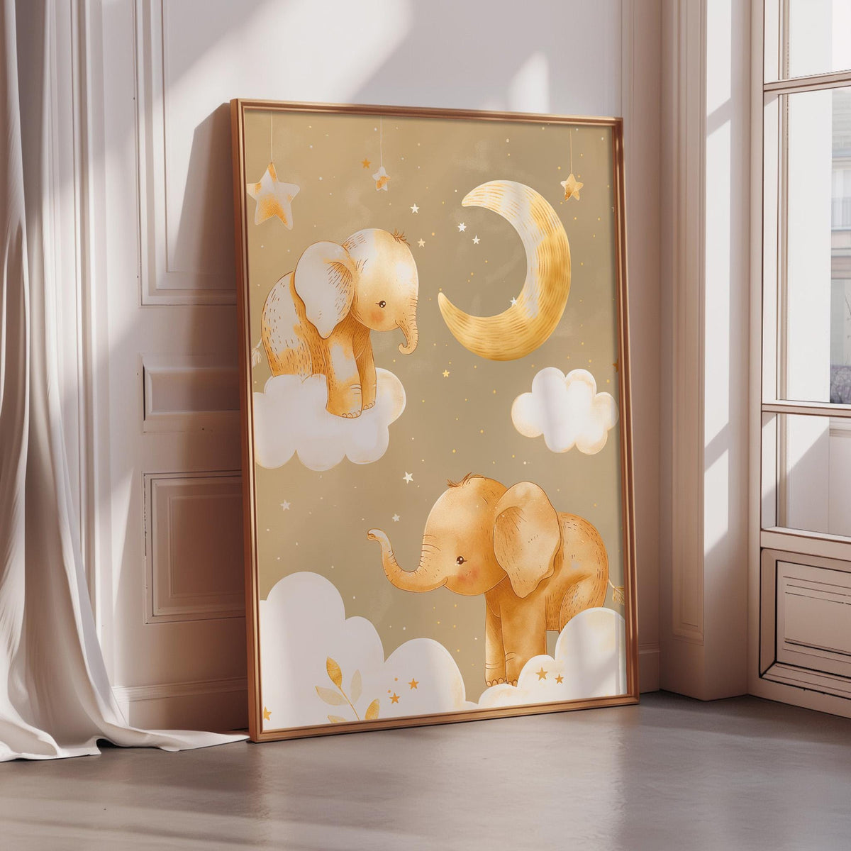 a framed artwork depicting two elephants sitting on clouds with a crescent moon and stars in the background.