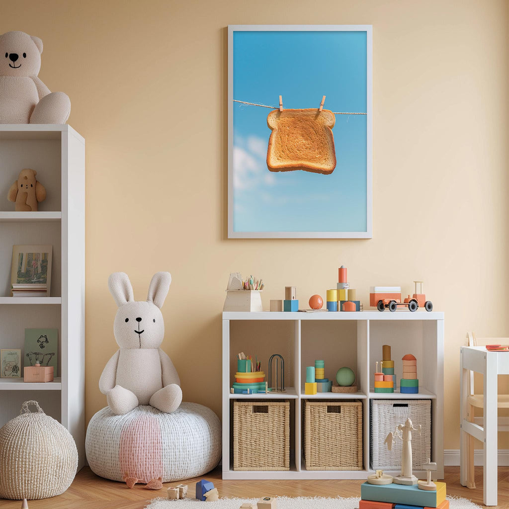 A cozy children's room with a white bookshelf, a plush bunny, and a toy train. The room has a warm, inviting atmosphere with a framed picture of a piece of bread hanging on a clothesline.