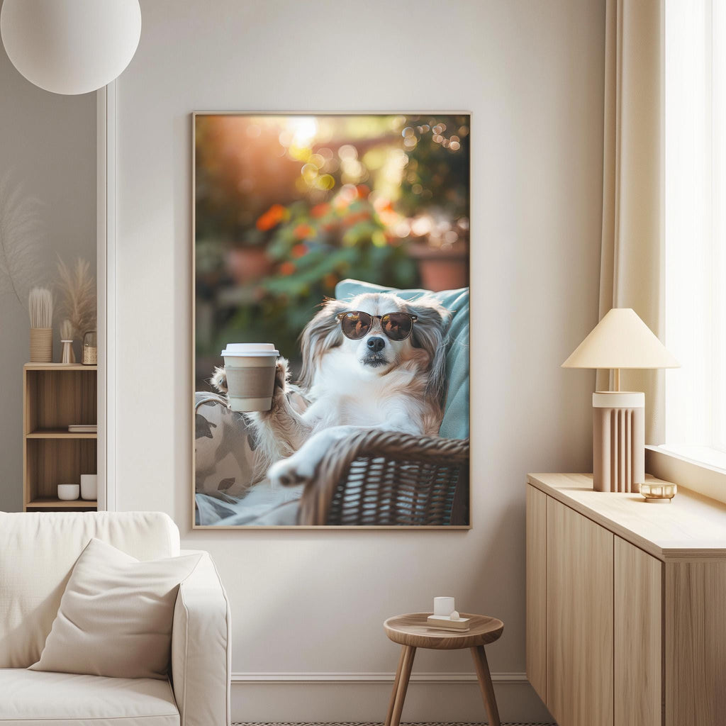 A dog wearing sunglasses is sitting in a wicker basket, holding a coffee cup, in a cozy living room setting with a white sofa and a lamp.