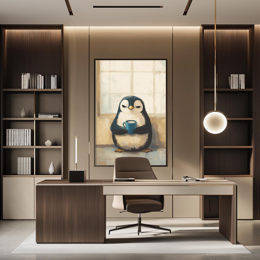 a modern office space with a large painting of a penguin holding a cup of coffee on the wall. The office features a desk, chair, and bookshelves, creating a professional and comfortable work environment.