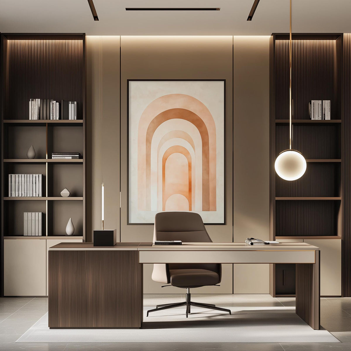 a modern and minimalist office space with a large wooden desk, a comfortable-looking chair, and a large abstract painting on the wall.