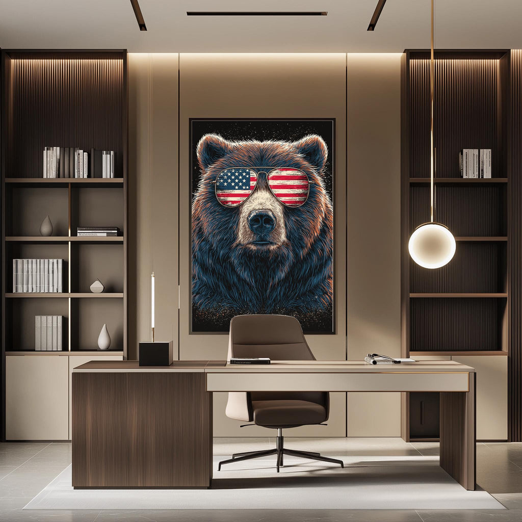 a modern office space with a large framed picture of a bear wearing sunglasses with an American flag design on the wall.