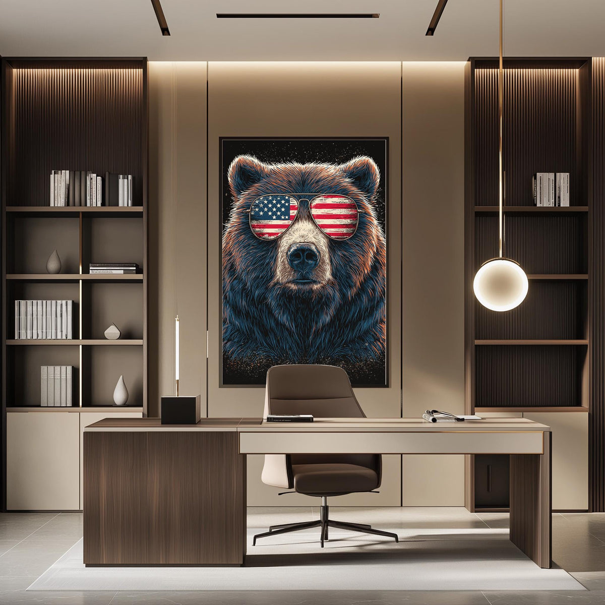 a modern office space with a large framed picture of a bear wearing sunglasses with an American flag design on the wall.
