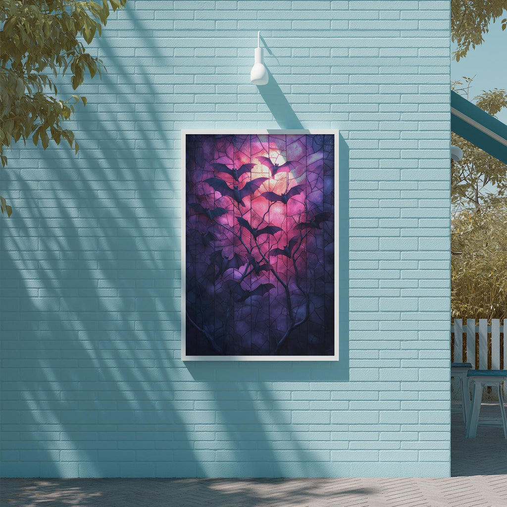 a large framed painting of bats hanging on a blue wall.