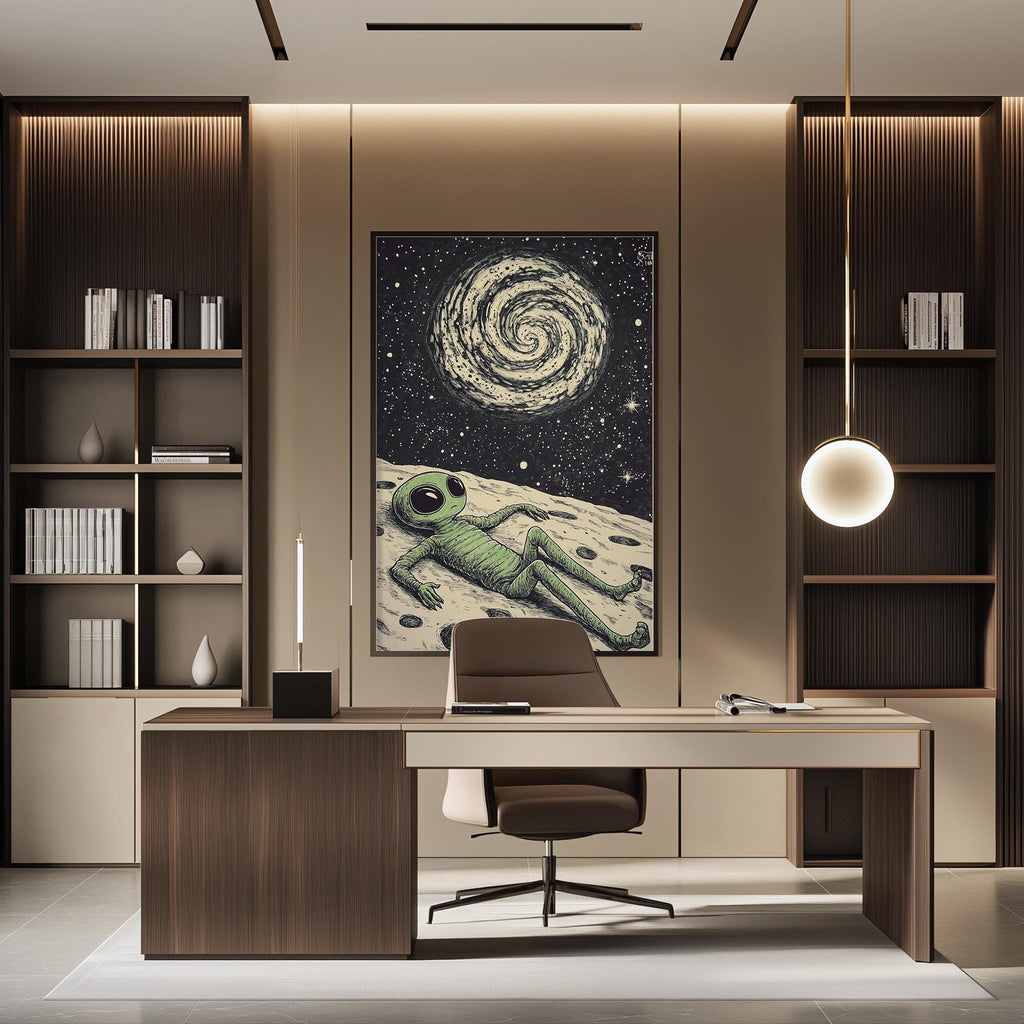 a modern office space with a large poster of an alien on the wall, a desk with a chair, and a bookshelf.