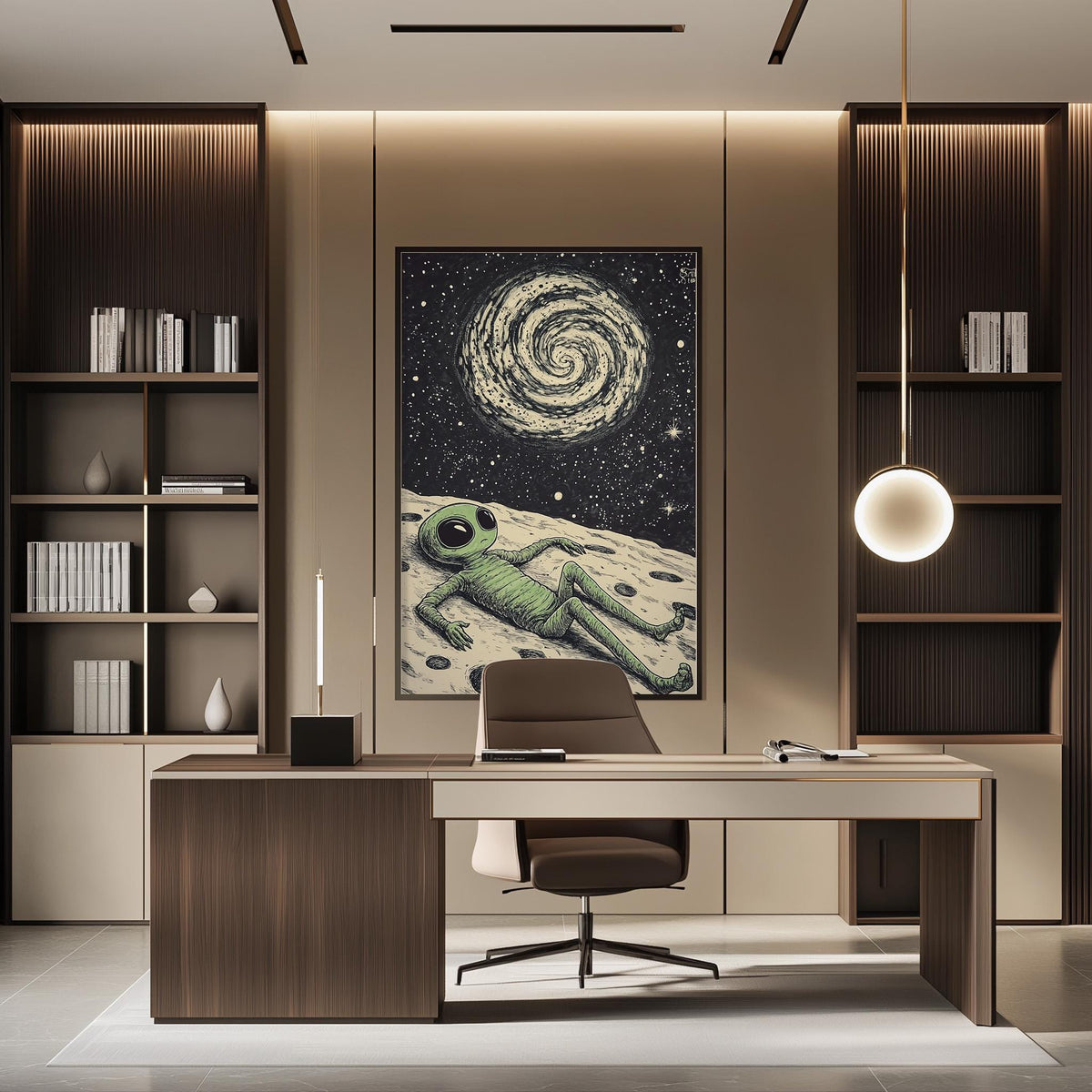 a modern office space with a large poster of an alien on the wall, a desk with a chair, and a bookshelf.