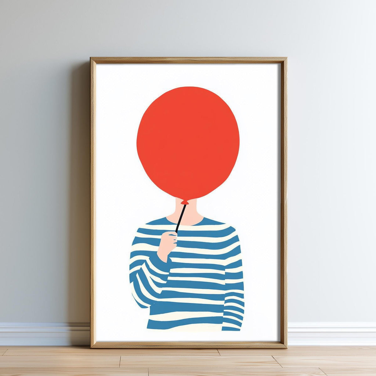 The image is a framed illustration of a person holding a large red balloon.