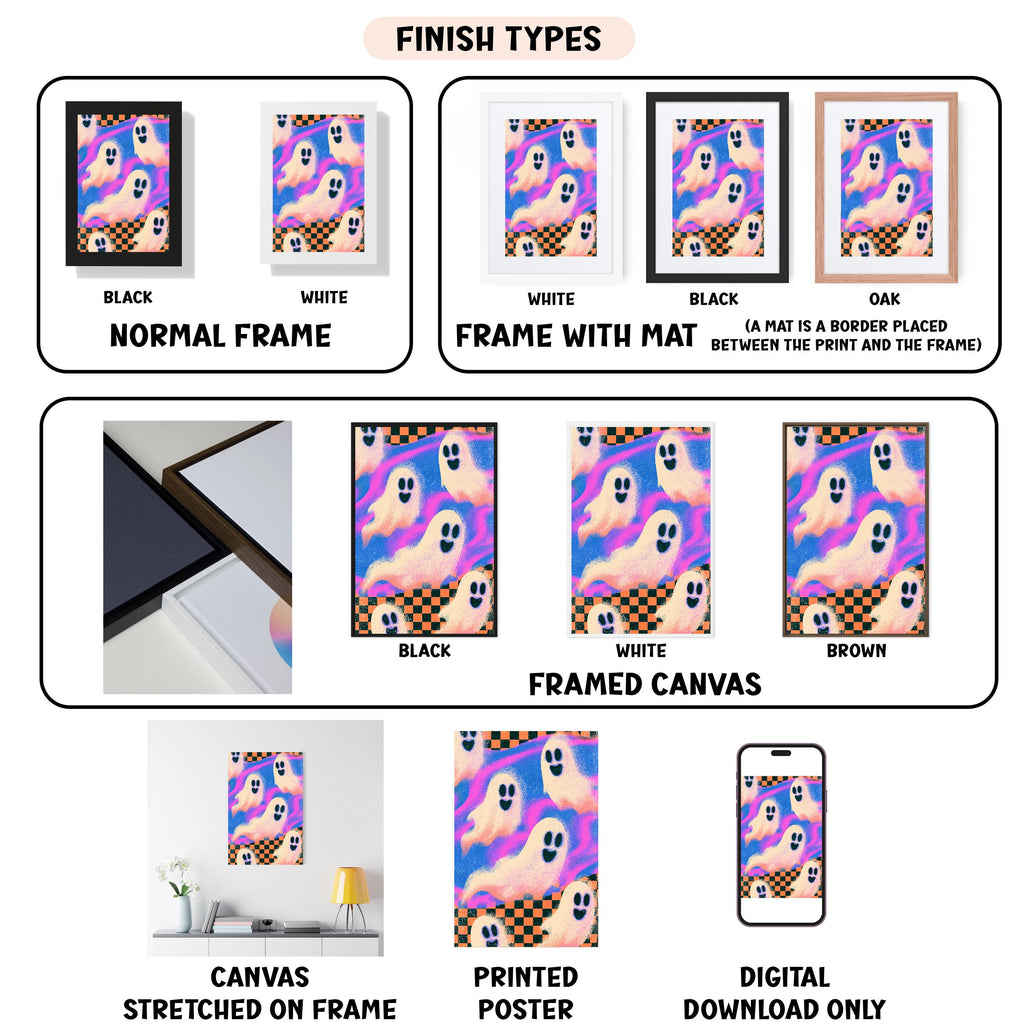 various finish types for a framed artwork, including a normal frame, a frame with a mat, a black frame, a white frame, a black frame, a white frame, a black frame, a white frame, a brown frame, a framed canvas, a stretched canvas, a printed poster, and a digital download only.