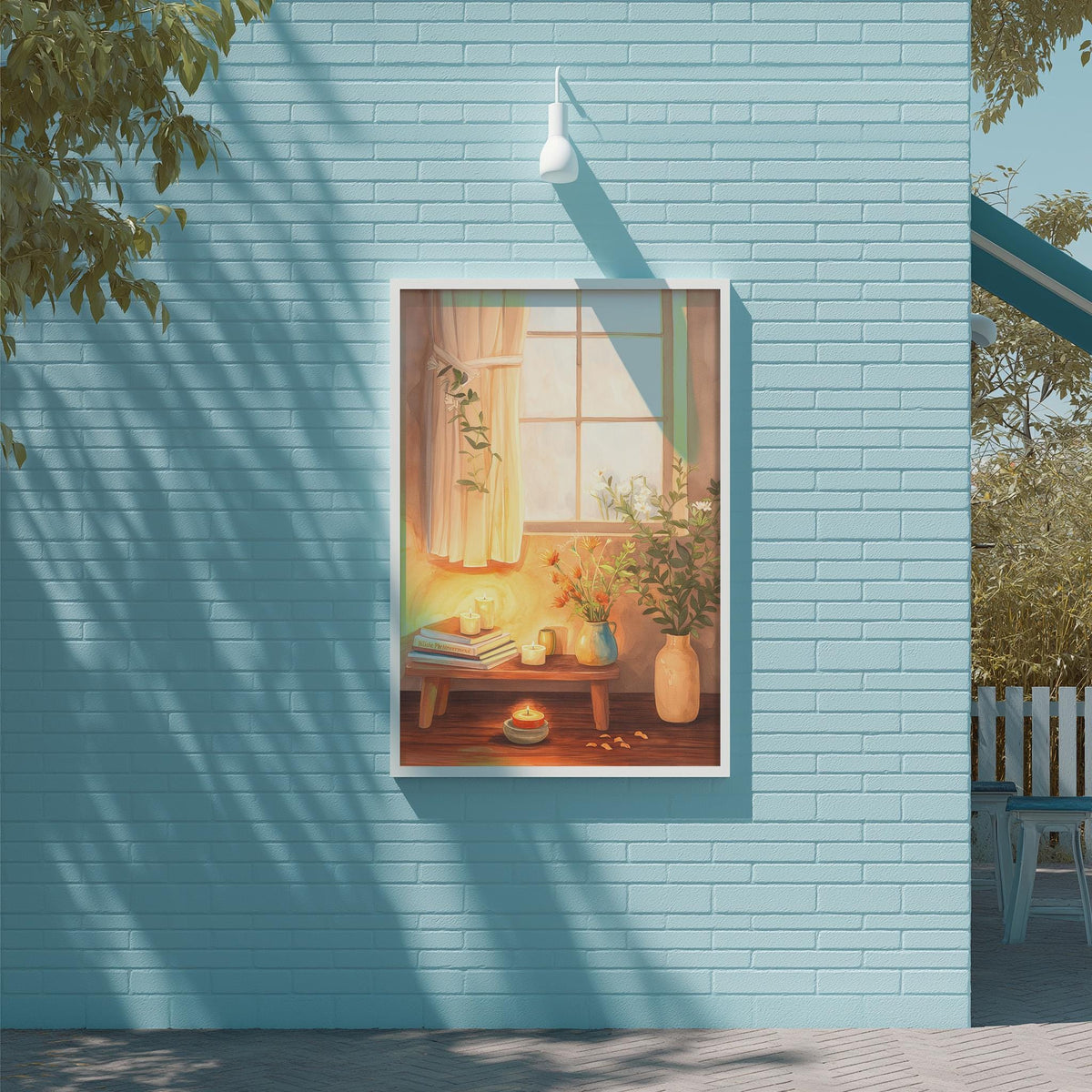 a serene indoor scene with a table, vase of flowers, and a lamp, all set against a backdrop of a blue wall.