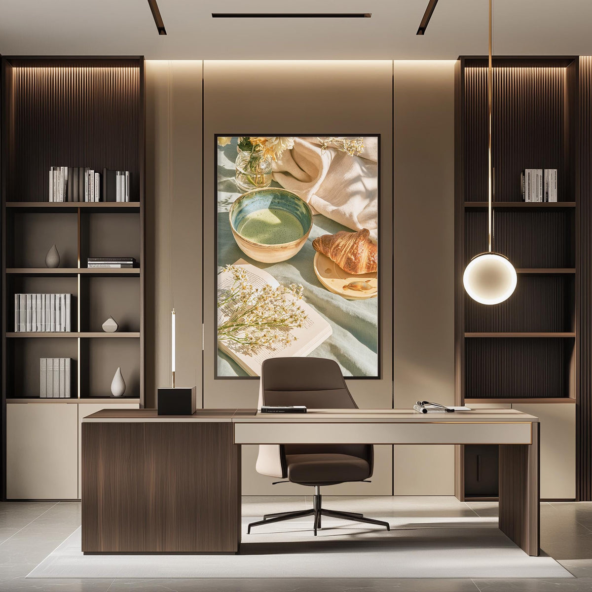 a modern and stylish office space with a large framed artwork of food on the wall, a wooden desk with a chair, and built-in bookshelves.