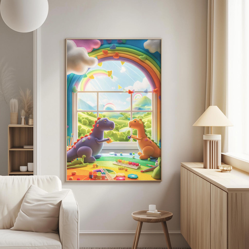 a vibrant and whimsical scene of two dinosaurs, one purple and one orange, sitting on a colorful rug and looking out a window. The window is framed by a rainbow arch, and the sky above is filled with fluffy white clouds. The dinosaurs appear to be enjoying the view and the sunlight streaming through the window.