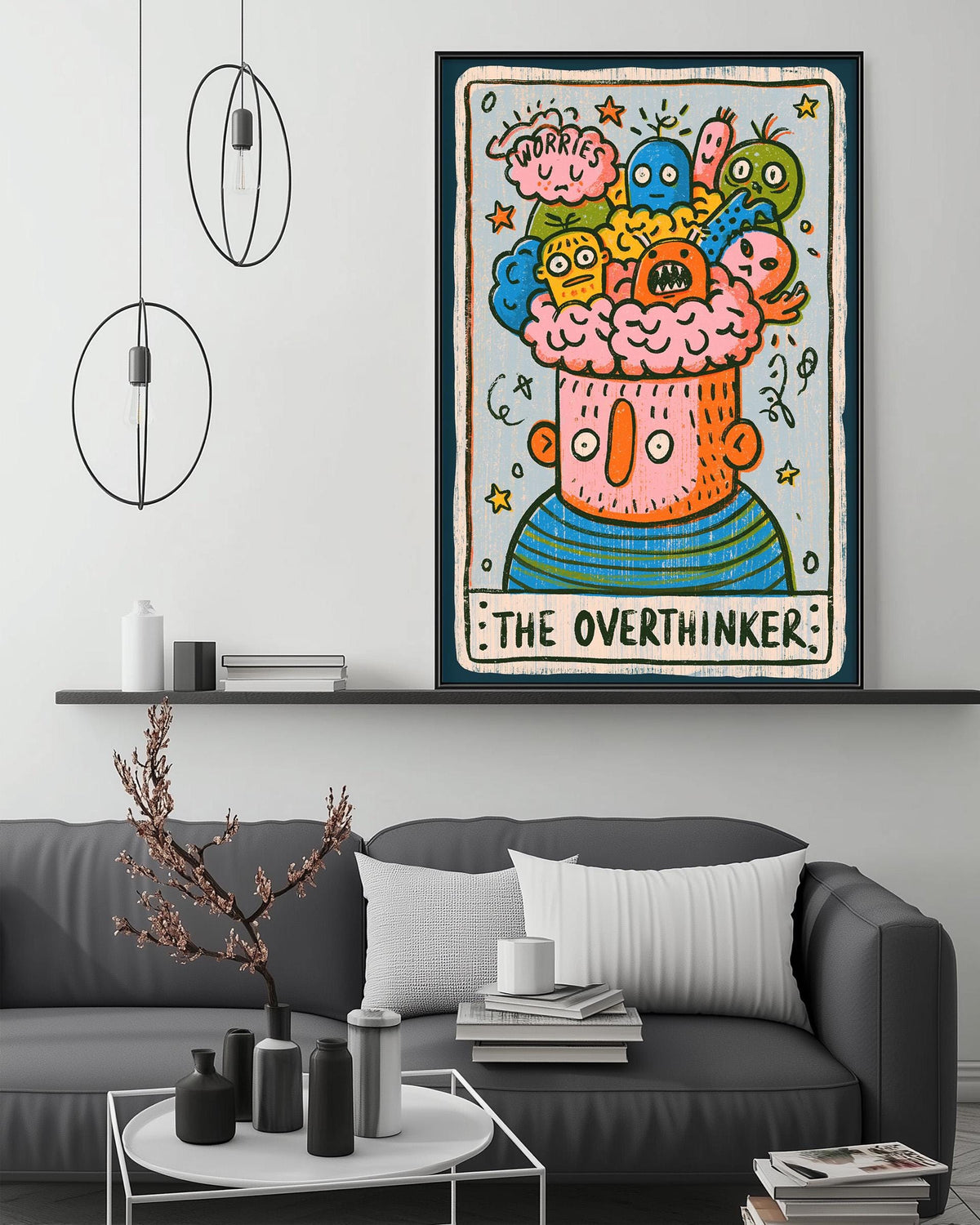 a large, colorful, and whimsical painting of a monster-like creature with a flower-like head, surrounded by various other fantastical elements. The painting is displayed on a wall above a gray couch in a living room setting.