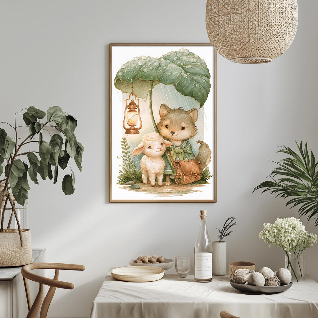 a cozy and whimsical scene with a wolf, sheep, and a potted plant, all set against a backdrop of a green umbrella and a lantern. The wolf is holding a lamb, and the sheep is sitting next to the wolf. The table is set with various items, including a bottle, a bowl, and a vase, creating a warm and inviting atmosphere.