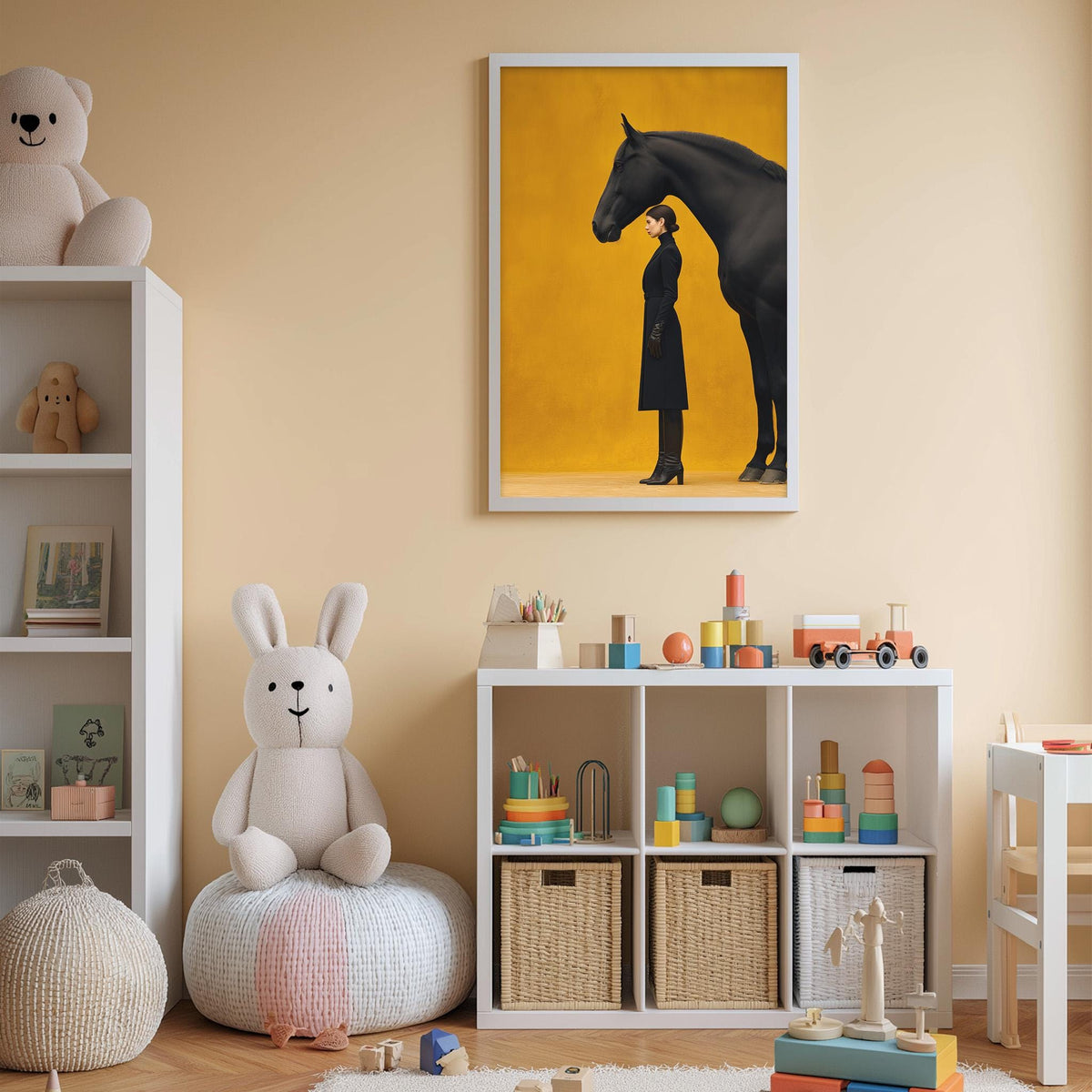 A child's bedroom with a white bookshelf, a stuffed rabbit, a horse, and a framed picture of a woman and a horse.
