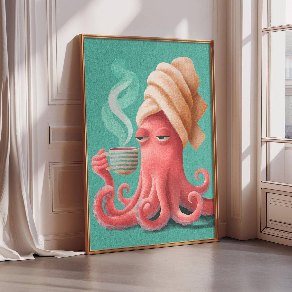 A framed illustration of a pink octopus holding a cup of coffee, with steam rising from it, set against a teal background.