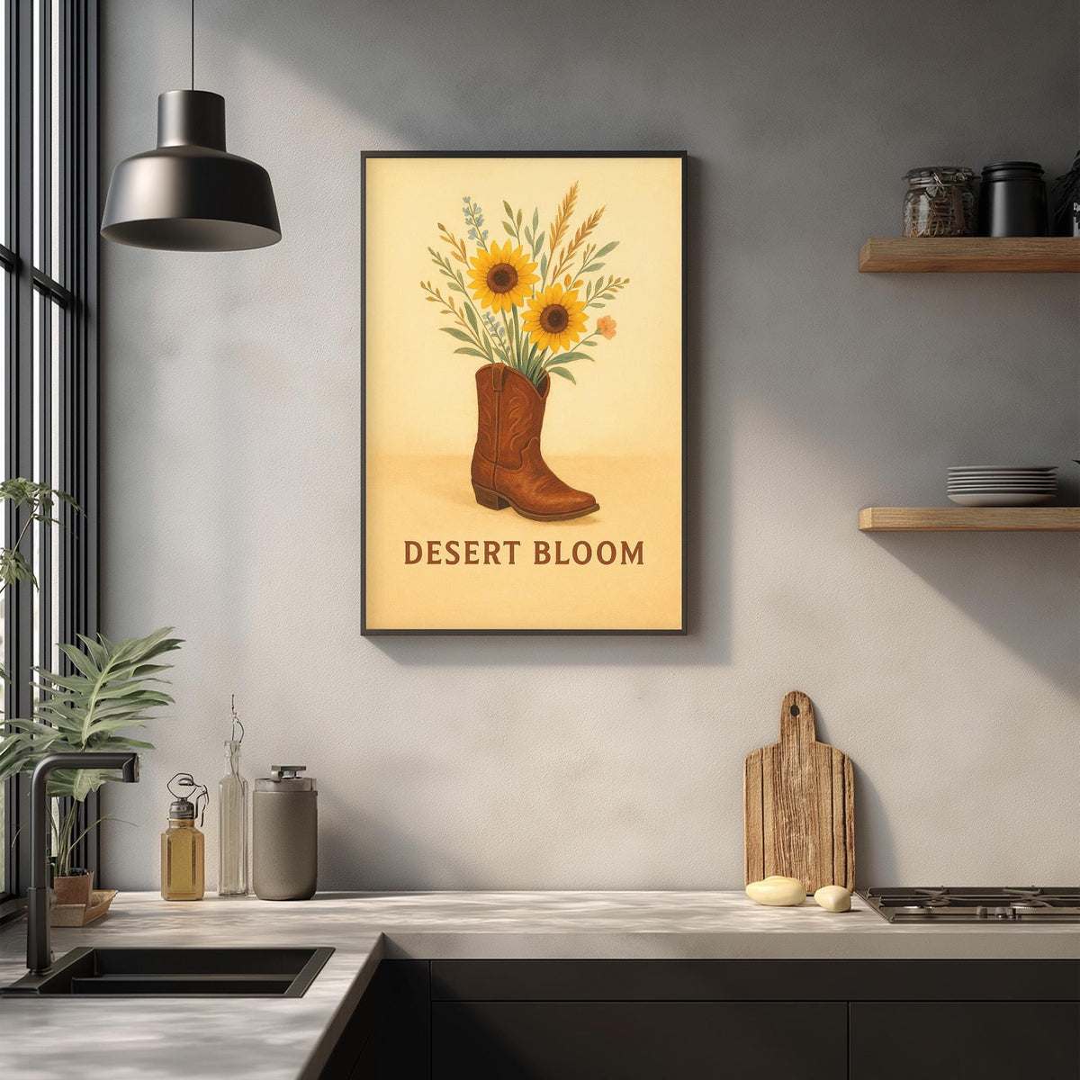 a framed poster of a cowboy boot filled with sunflowers, hanging on a wall above a kitchen counter with various kitchen items and a plant.