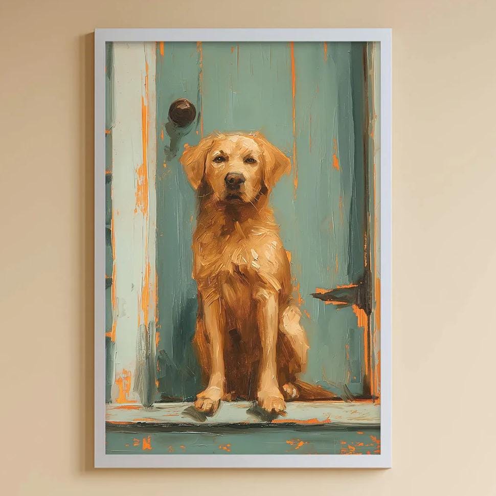 A cozy children's room with a white bookshelf, a stuffed rabbit, a toy train, and a framed painting of a dog on the wall.