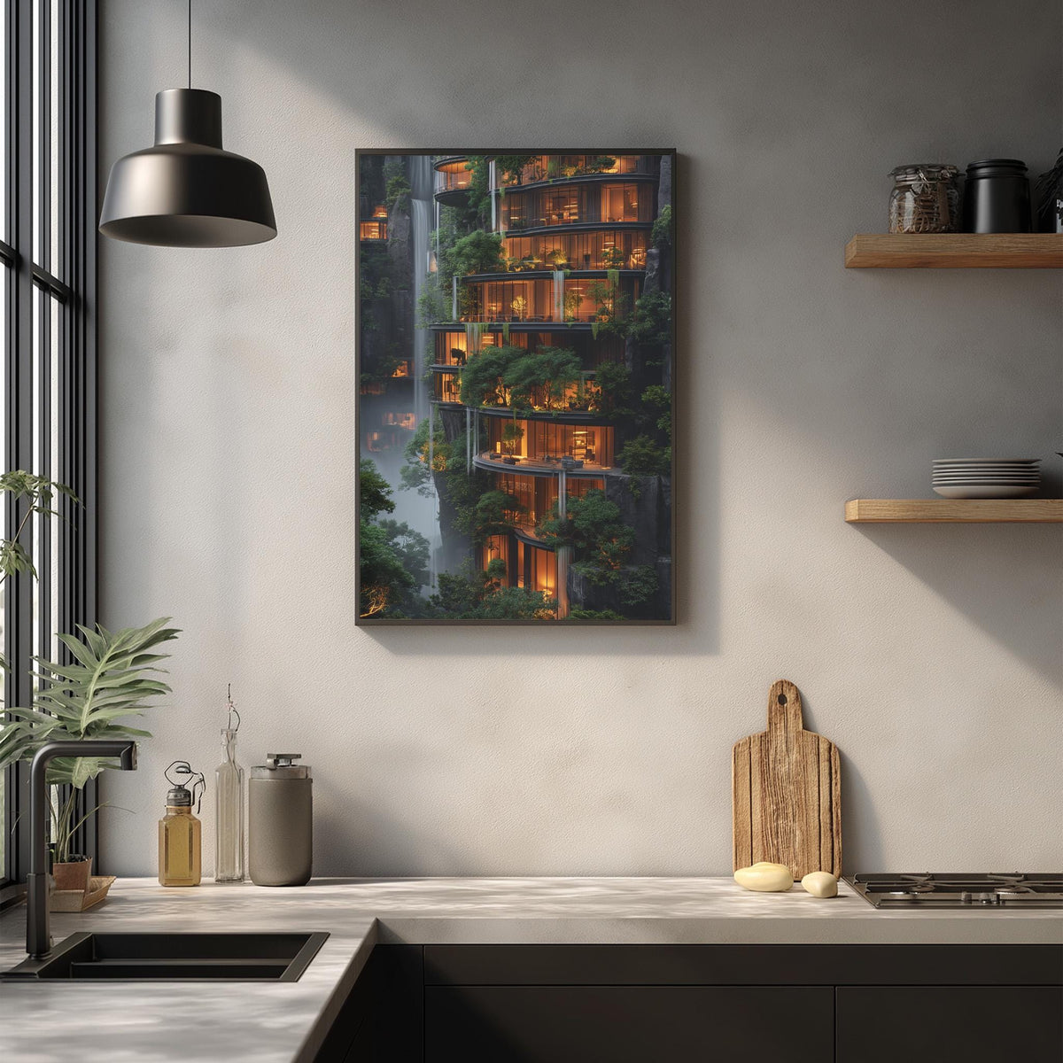 a modern kitchen with a large window overlooking a lush, forested area. The kitchen has a sleek, minimalist design with a black countertop, wooden shelves, and a hanging light fixture.