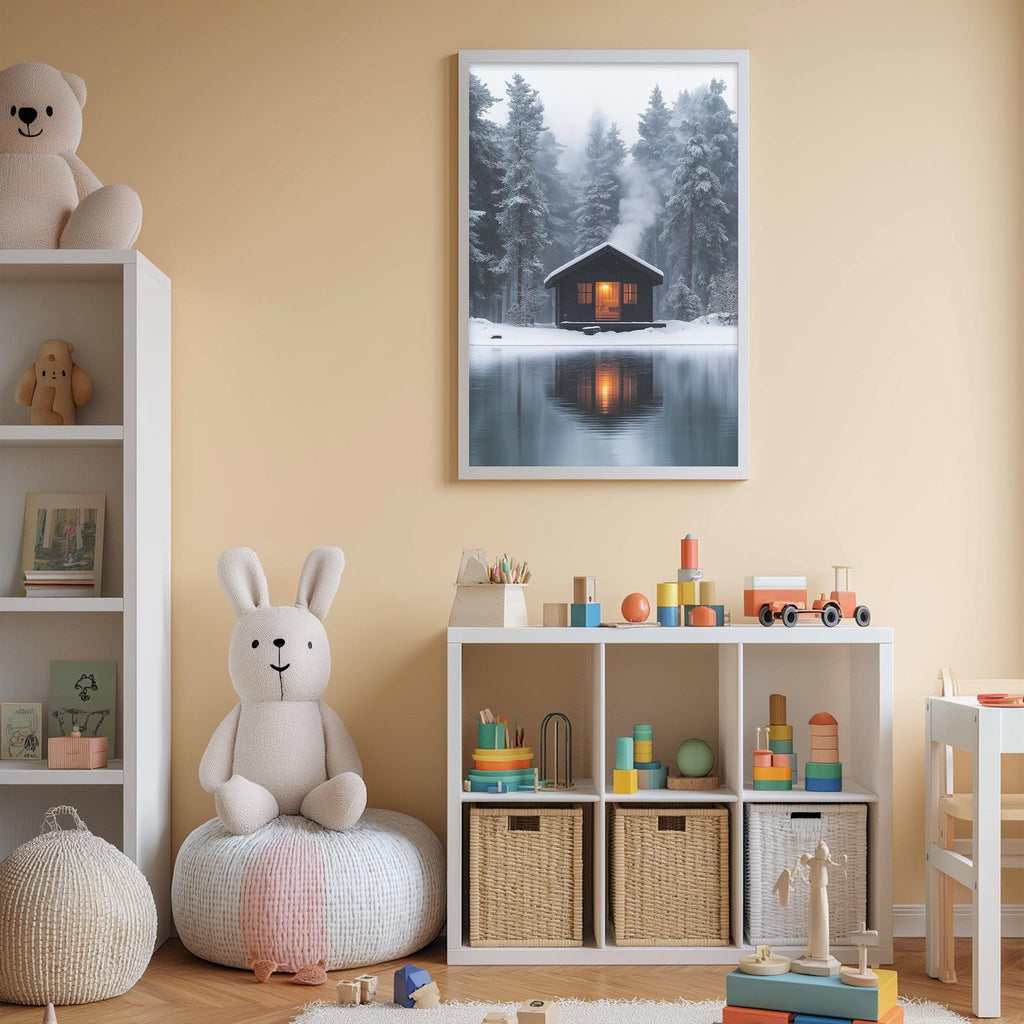A cozy children's room with a large stuffed bunny, a bookshelf, and a toy chest filled with toys. A framed picture of a snowy cabin is displayed on the wall above the toy chest.