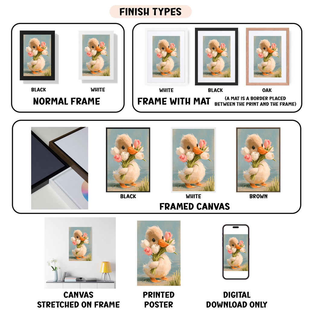 various types of framed artwork, including a canvas, a stretched canvas, a framed canvas, a printed poster, and a digital download. The artwork features a duck holding flowers, and the different frames and materials used for displaying the artwork are described in detail.