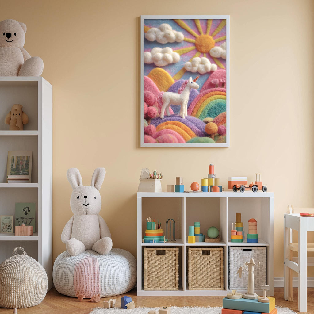 A child's bedroom with a large stuffed bunny, a toy castle, and a colorful wall art depicting a unicorn and a rainbow.