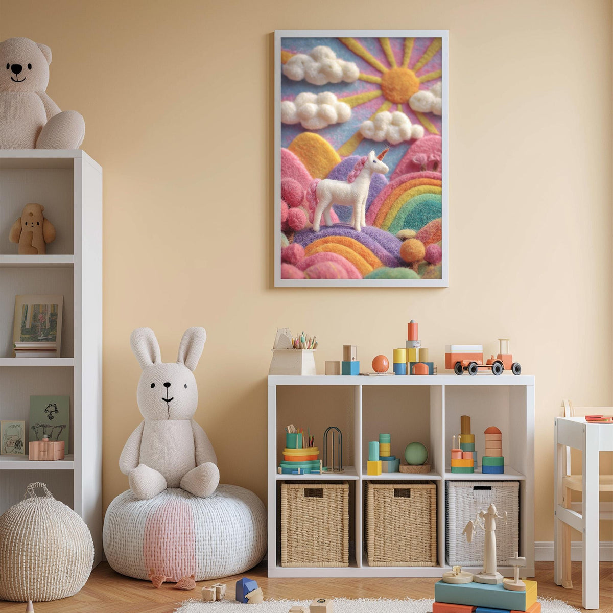A child's bedroom with a large stuffed bunny, a toy castle, and a colorful wall art depicting a unicorn and a rainbow.