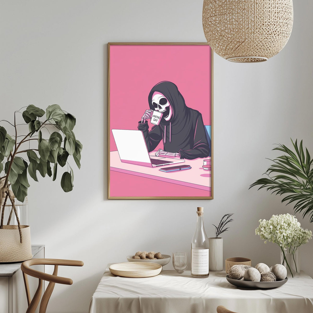 a framed illustration of a skeleton sitting at a desk with a laptop, surrounded by various objects such as a bottle, a bowl, and a plant.