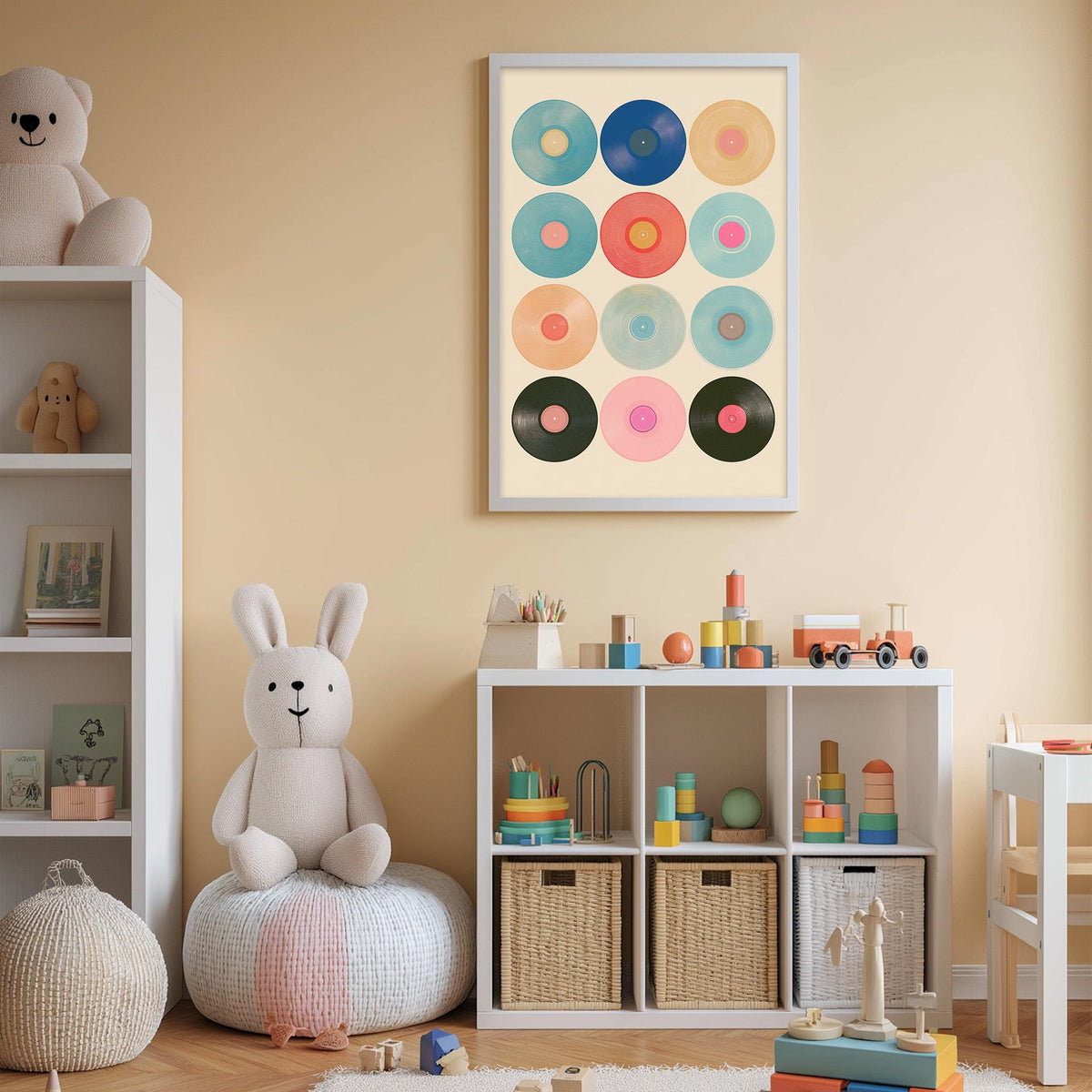 A cozy and colorful children's playroom with a variety of toys and storage solutions. The room features a large white bookshelf, a plush rabbit, and a colorful record-themed artwork on the wall.