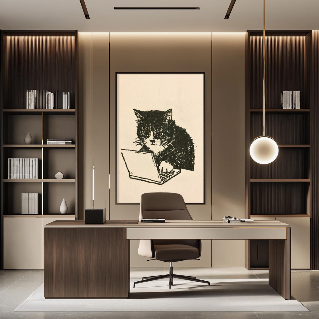a modern and minimalist office space with a large framed artwork of a cat on the wall, a wooden desk with a chair, and built-in bookshelves.