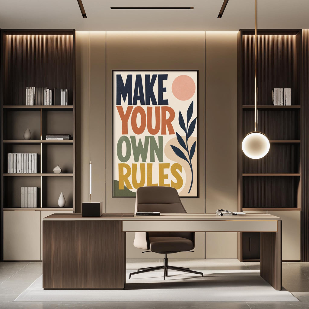 a modern office space with a large framed poster on the wall that reads "MAKE YOUR OWN RULES". The office has a wooden desk, a chair, and a bookshelf filled with books. The overall design and decor of the space create a professional and creative atmosphere.