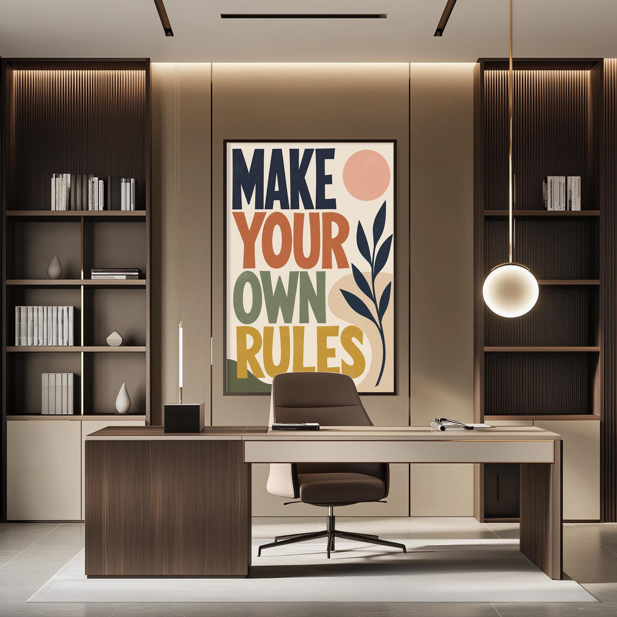 a modern office space with a large framed poster on the wall that reads "MAKE YOUR OWN RULES". The office has a wooden desk, a chair, and a bookshelf filled with books. The overall design and decor of the space create a professional and creative atmosphere.
