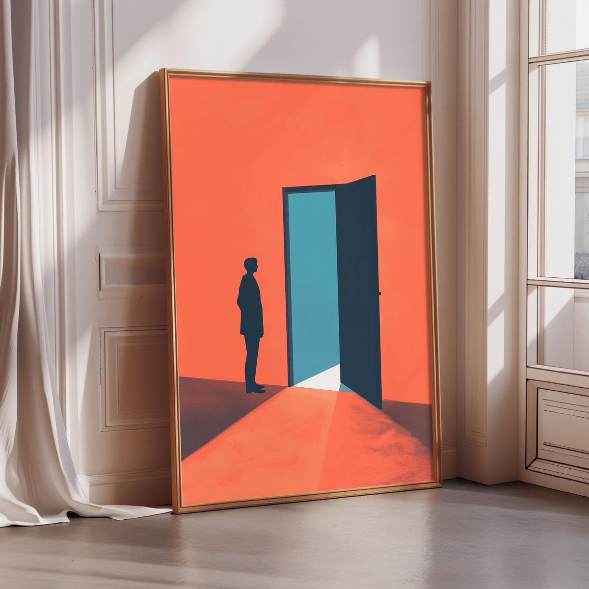 a large, framed artwork depicting a silhouetted figure standing in front of an open door, with a bright orange background.