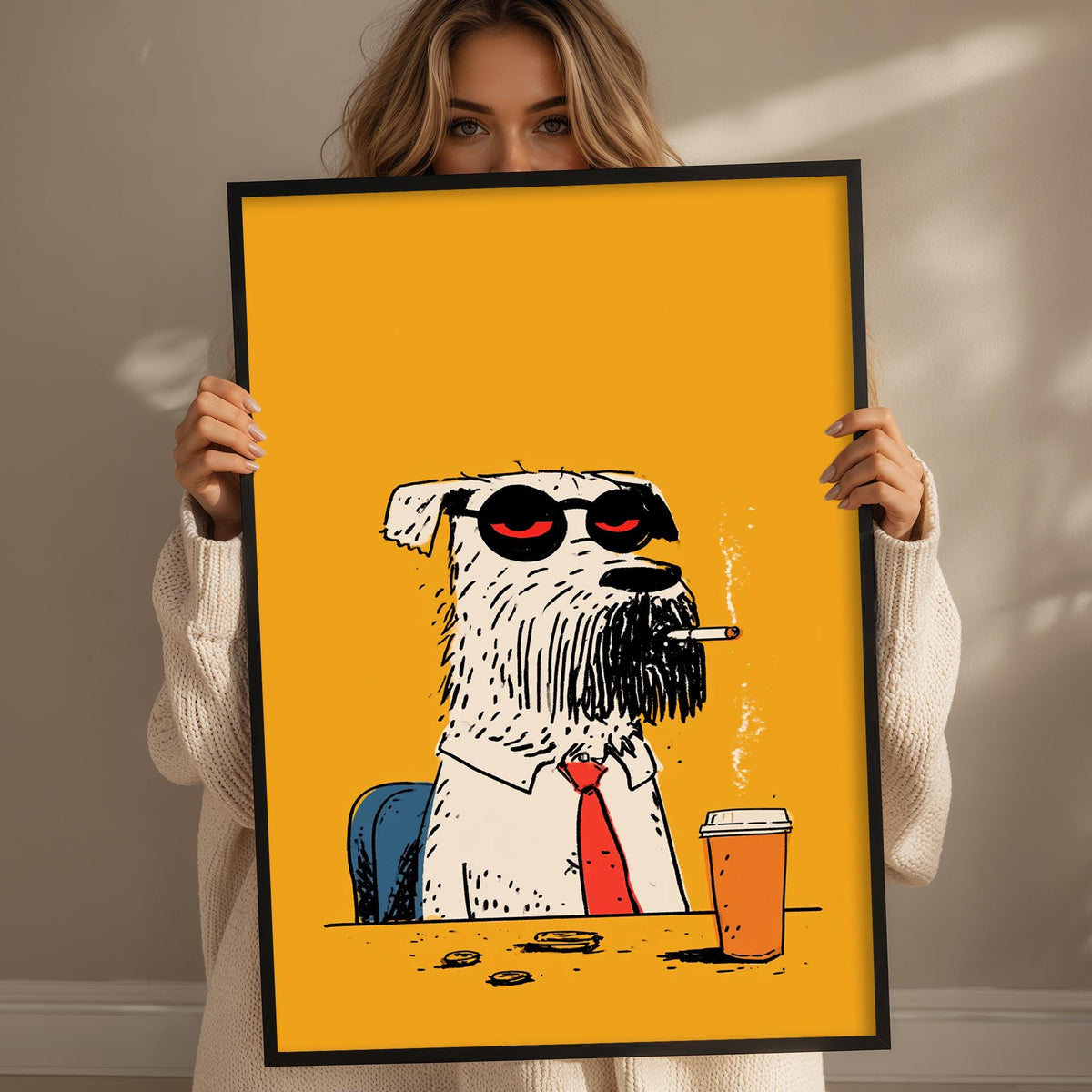 A woman is holding up a framed illustration of a dog wearing a tie and smoking a cigarette.