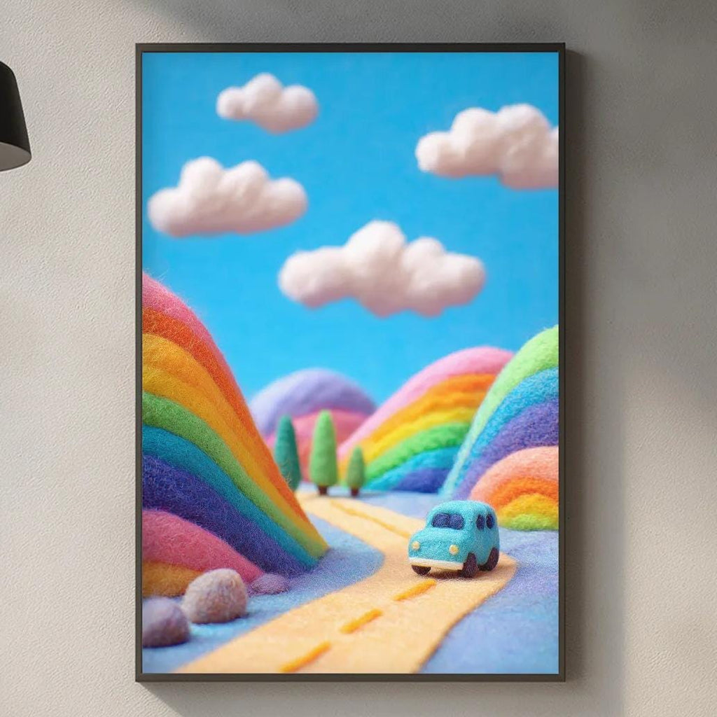 a vibrant, whimsical scene of a rainbow-colored car driving down a road through a fantastical landscape, with fluffy clouds and a blue sky in the background.