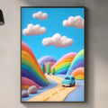 a vibrant, whimsical scene of a rainbow-colored car driving down a road through a fantastical landscape, with fluffy clouds and a blue sky in the background.