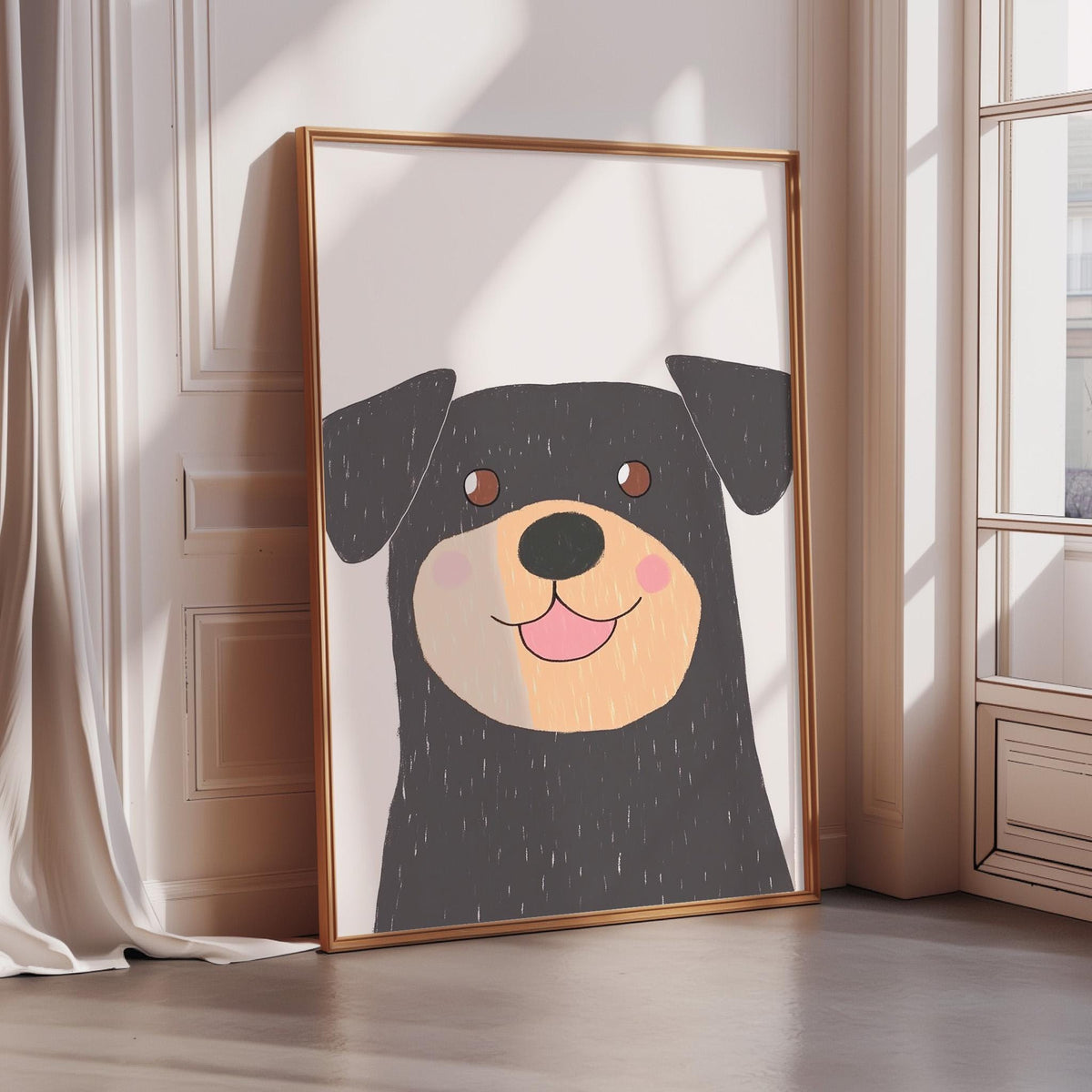 A framed illustration of a dog's face with a happy expression is displayed on a wall in a room with a window.