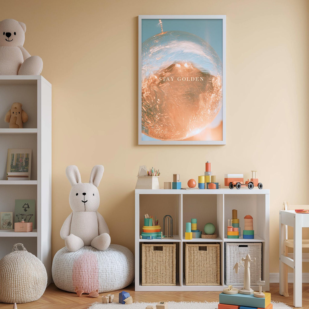 A cozy and colorful children's bedroom with a large stuffed rabbit, a bookshelf, and a toy chest filled with toys. The walls are painted a light peach color, and there is a framed poster with the text "STAY GOLDEN" above the bed.