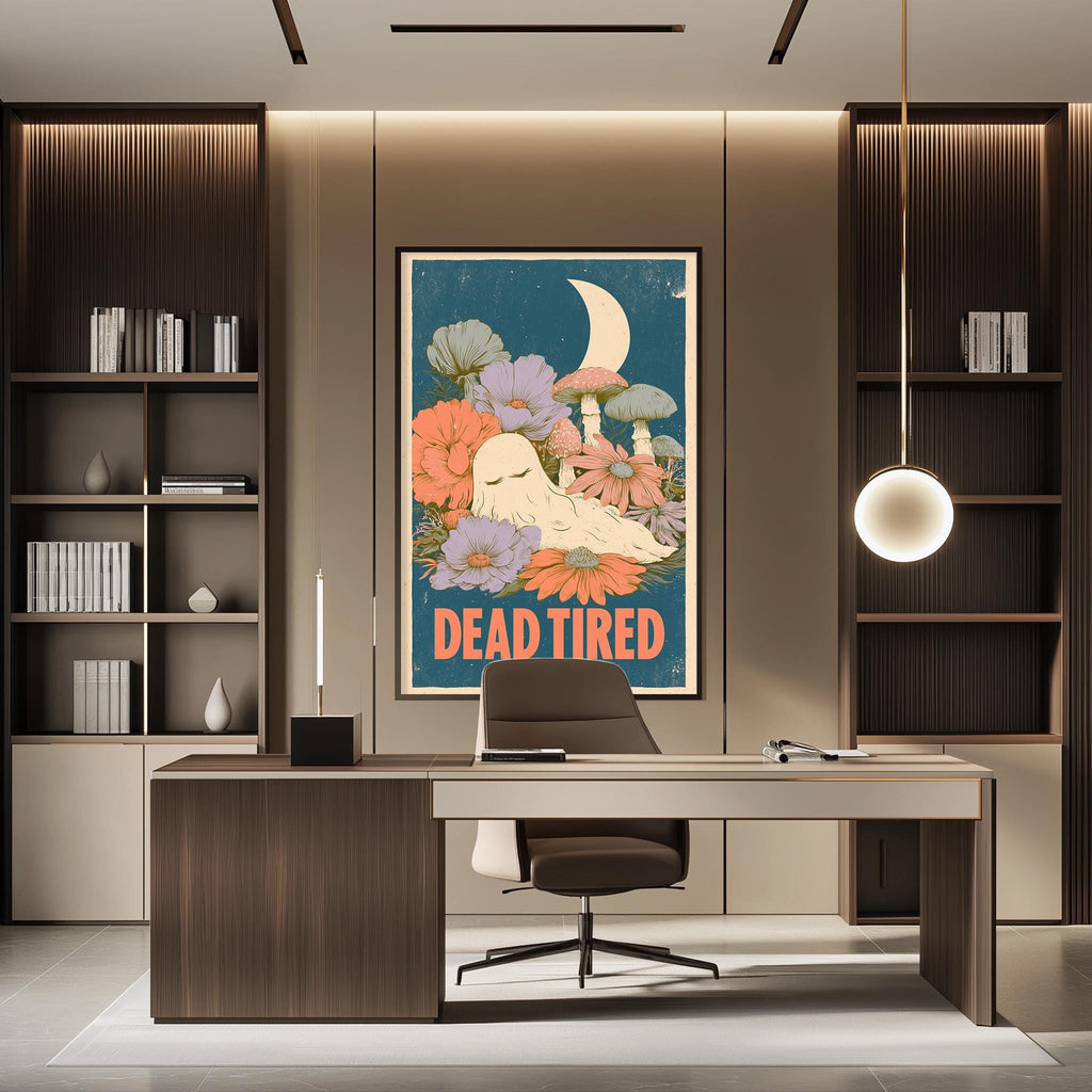 a modern office space with a large framed poster of a sleeping person on the wall, a desk with a chair, and a bookshelf filled with books.