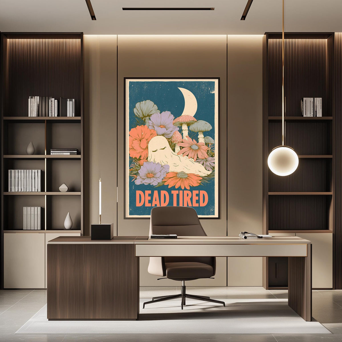 a modern office space with a large framed poster of a sleeping person on the wall, a desk with a chair, and a bookshelf filled with books.