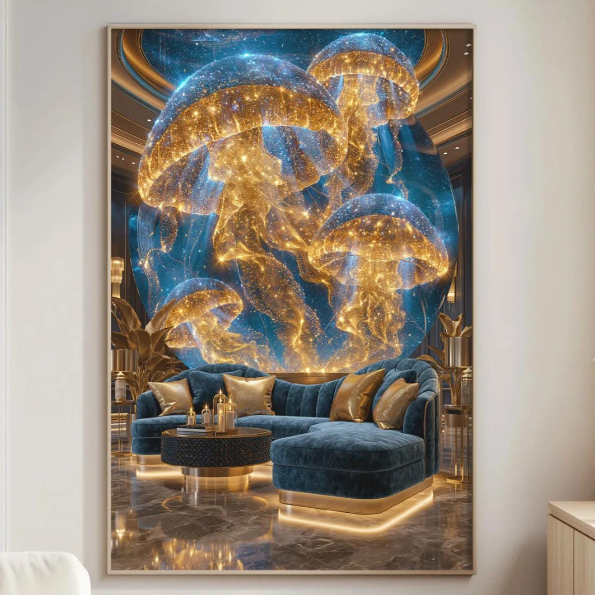 a luxurious living room with a large, vibrant painting of a mushroom-shaped room with a blue and gold color scheme. The painting is hanging on the wall, and the room includes a plush blue sofa, a wooden side table, and a lamp.