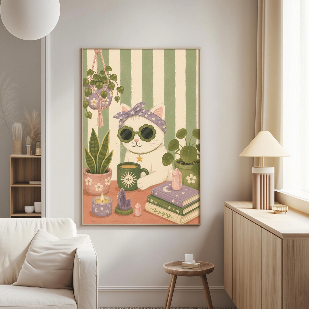 A cozy living room with a large framed illustration of a cat wearing sunglasses, surrounded by potted plants, books, and a lamp.
