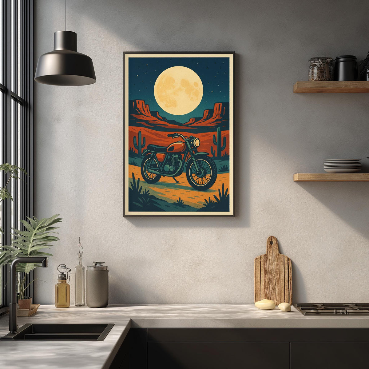 a framed poster of a motorcycle on a wall, with a desert landscape and a full moon in the background.