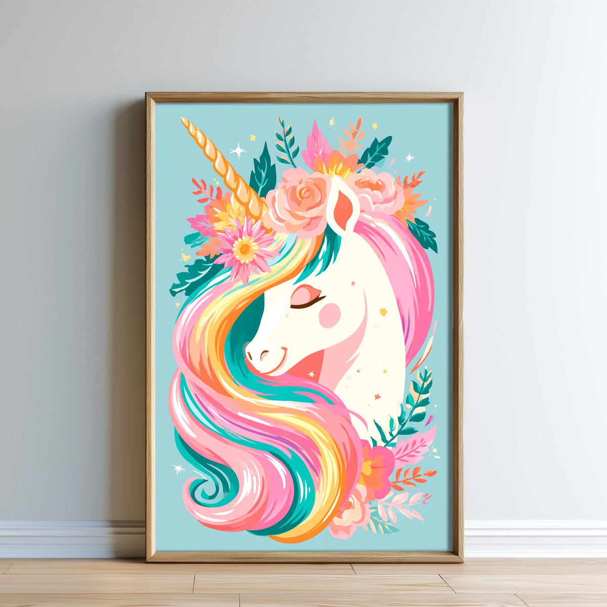 A framed illustration of a unicorn with a colorful mane and flowers surrounding it.